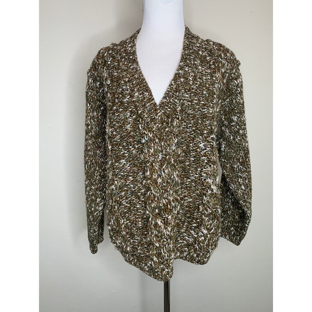 Leslie Faye Vintage Marled Chunky V Neck Sweater Sz Medium Brown Cream